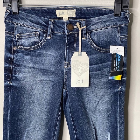 Jolt Juniors Size 1/25 Distressed Ripped Slim Fit Whiskered Denim Blue Jeans - Picture 4 of 8